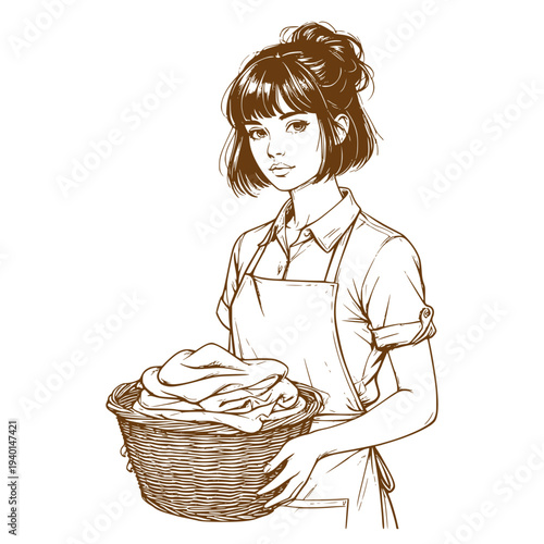 A housewife holds a basket of laundry. Vector illustration. Concept of cleanliness and household chores. A girl holds a basket of laundry, isolated on a white background.
