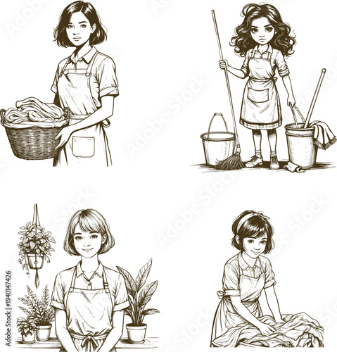 A housewife mops a dirty floor, does laundry, and tends to houseplants. Vector illustration. Concept of cleanliness, housework, and apartment and office tidying. 