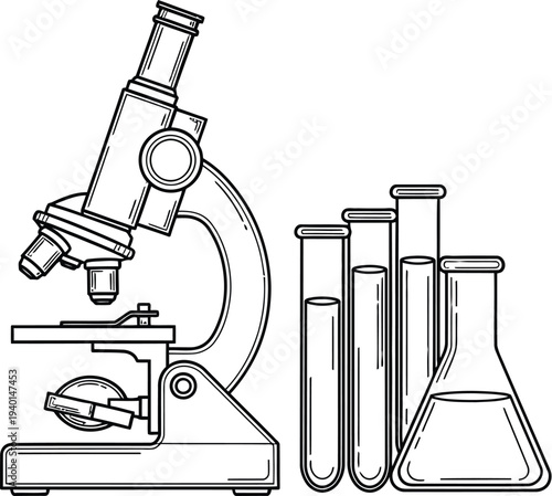 Outline vector illustration depicting an optical microscope and common laboratory glassware, including several test tubes and a chemical flask, representing scientific research and discovery.