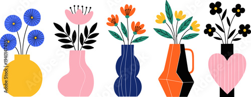 Modern abstract flowers in decorative vases set, colorful flat floral arrangements with leaves, Scandinavian style illustration isolated on light background