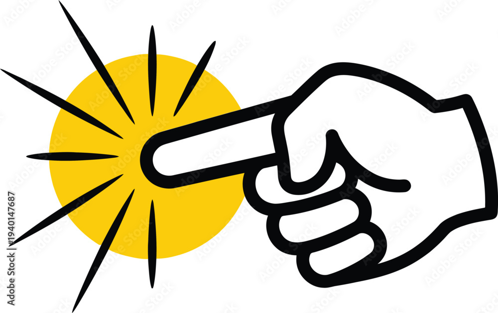 Obraz premium Hand pointing to sun with rays vector illustration, flat design graphic