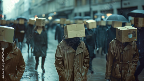 Cinematic surreal image of commuters walking through a rainy city street with cardboard boxes covering their heads, representing anonymity, conformity, and the loss of individuality.