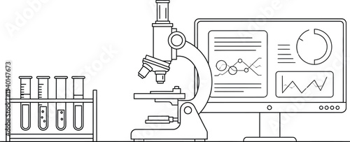 Line art illustration depicting a laboratory setup featuring a microscope test tubes and a computer displaying scientific analysis graphs