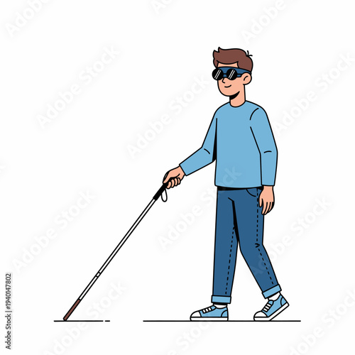 Blind Man Walking with White Cane.