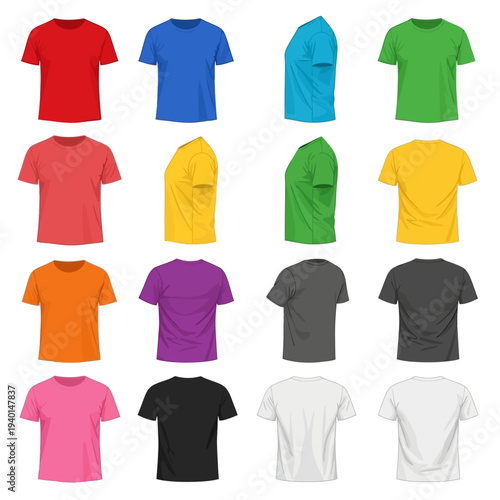 Collection of assorted colored t-shirts displayed.