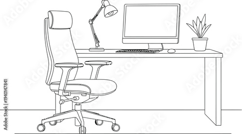 Minimalist line art drawing depicts an empty modern office desk setup featuring an ergonomic chair and computer workstation ready for use.