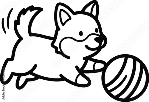 Adorable cartoon line art drawing depicts a happy little Shiba Inu dog joyfully jumping and playing with a striped ball