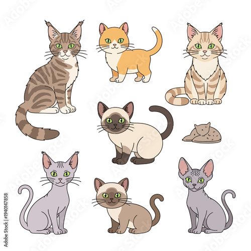 Collection of Cartoon Cats in Various Poses.