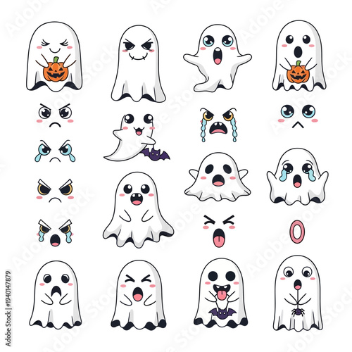 Collection of Cartoon Ghost Emoticons with Expressions.