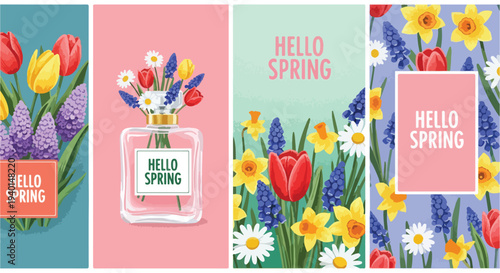 Hello Spring vertical banner set with colorful floral arrangements featuring tulips, daffodils, hyacinths, and daisies on vibrant backgrounds, perfect for seasonal promotions and greeting cards.