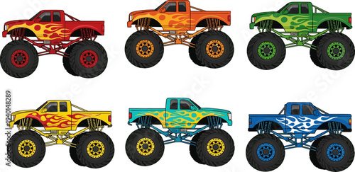 Webmonster truck collection, colorful off road vehicle set, cartoon pickup illustration, big tire transport, isolated vector bundle