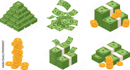 Money cash and coin stacks set, dollar bills bundles collection, financial wealth illustration, isolated vector, banking finance concept designMoney cash and coin 