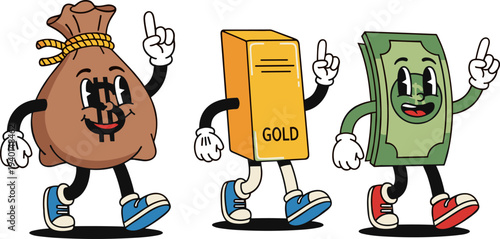 Money mascot characters set, cartoon cash gold bar sack vector illustration for finance business design element