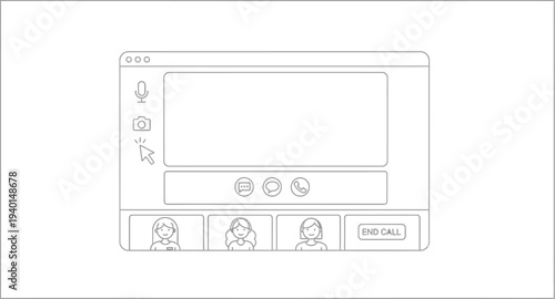 Simple line art illustration depicts a digital video conferencing interface with multiple participants and controls ready for user interaction and engagement.