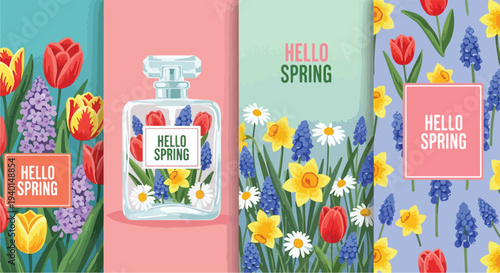 Hello Spring floral vector banner set with tulips, daffodils, hyacinths, and daisies, plus a perfume bottle design, ideal for seasonal marketing and greeting cards.