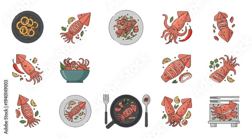 Spicy Grilled Squid and Seafood Dishes Illustration Vector Pack