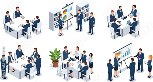 Isometric corporate business people collection featuring office meetings, data presentations, professional teamwork, and creative collaboration scenes, cad drawing flat vector illustration