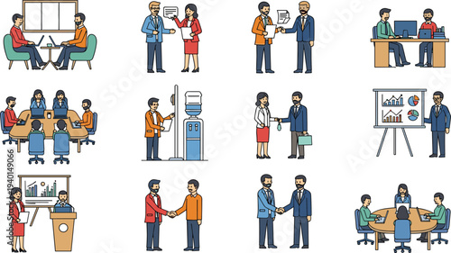 Professional business people office collection with meetings, presentations, and teamwork scenarios in a flat line art cad drawing vector illustration