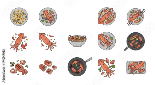 Spicy Squid and Seafood Cooking Illustration Set - Grilled, Fried Calamari, and Stir-fry Dishes Vector Icons
