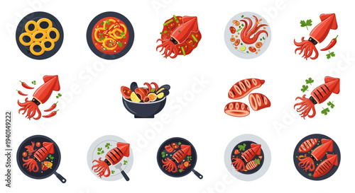 Spicy Grilled Squid and Seafood Dishes Illustration Vector Set