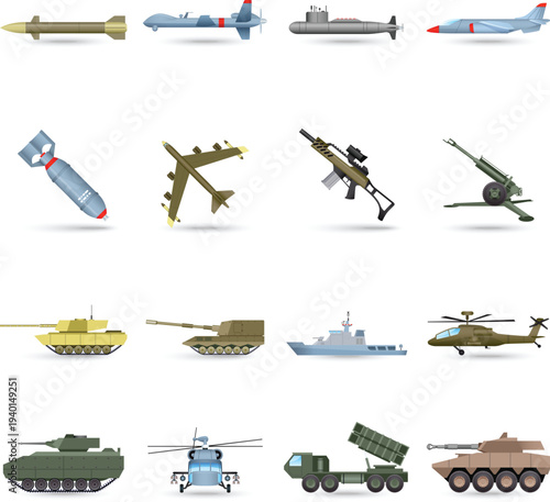 Premium 3D vector collection of realistic military assets featuring tanks, helicopters, missiles, warships, and tactical weaponry for defense industry visualization.