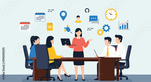 Business woman leading corporate meeting with team in office featuring professional presentation and data analysis icons, cad drawing flat vector illustration