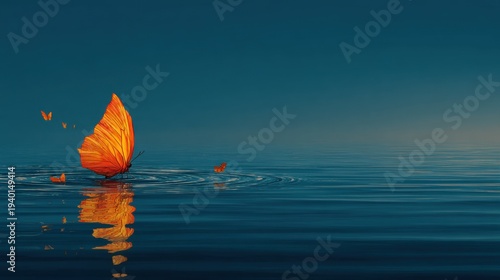 An orange butterfly gracefully touching the serene water with two more butterflies around the orange butterfly