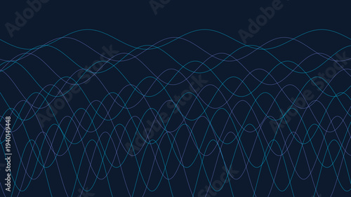 Dynamic abstract vector background with a mesh of flowing colorful wavy lines on a dark blue canvas, perfect for modern design
