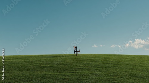 A lone chair on a vast, green hillside under a serene blue sky