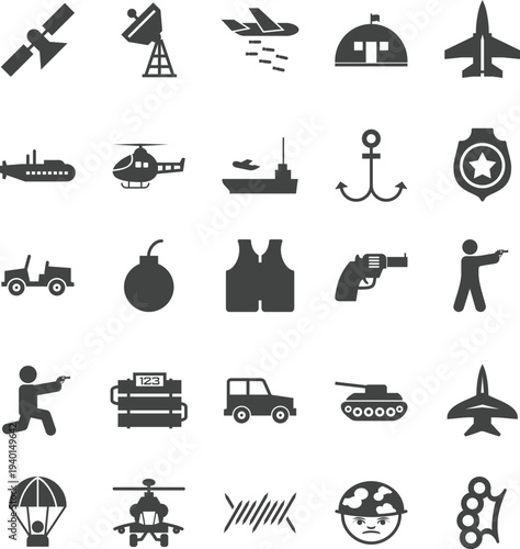 Versatile vector collection of black military and tactical icons featuring weapon silhouettes, army vehicles, defense equipment, and naval symbols.