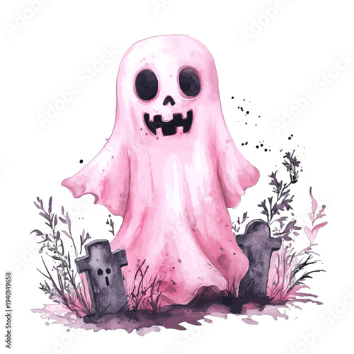 Watercolor illustration of a cute pink ghost in a graveyard with tombstones