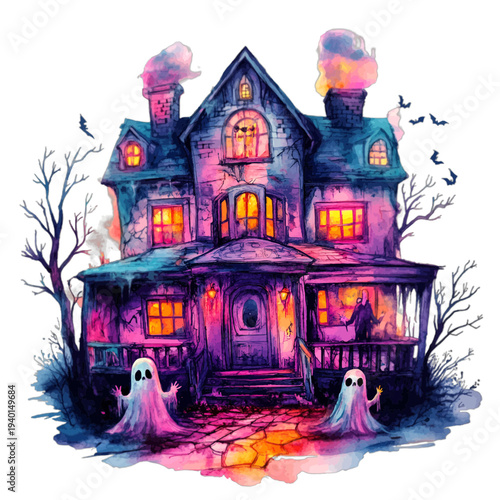 Watercolor illustration of a purple haunted house with ghosts and bats isolated on white
