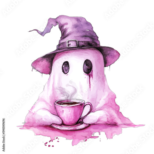 Cute watercolor pink ghost wearing purple witch hat with coffee cup
