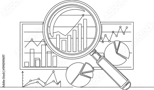 Continuous line drawing of a magnifying glass analyzing business growth data and financial statistics displayed across various charts and graphs on a clean background.