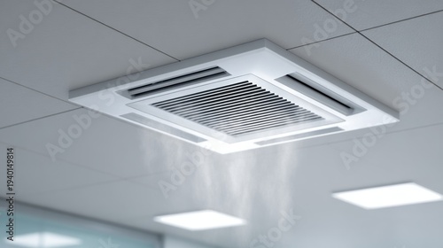A modern ceiling-mounted air conditioning unit blowing cool air into the room