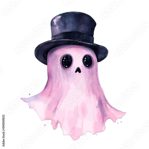 Cute watercolor pink ghost character wearing black top hat isolated
