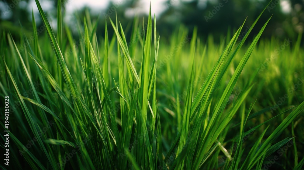 Obraz premium Lush green blades of grass bathed in sunlight, perfect for conveying themes of freshness and vitality.