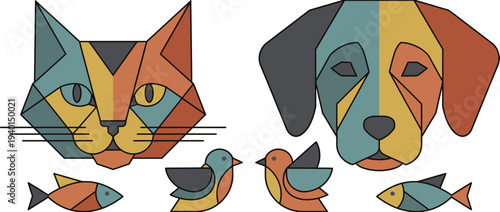 Geometric vector shapes of cat and dog faces with birds in a colorful illustration