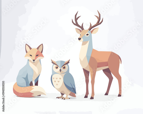 Inspired by visual style, a professional illustration of a fox, owl, deer, forest, wildlife from a close-up viewpoint.