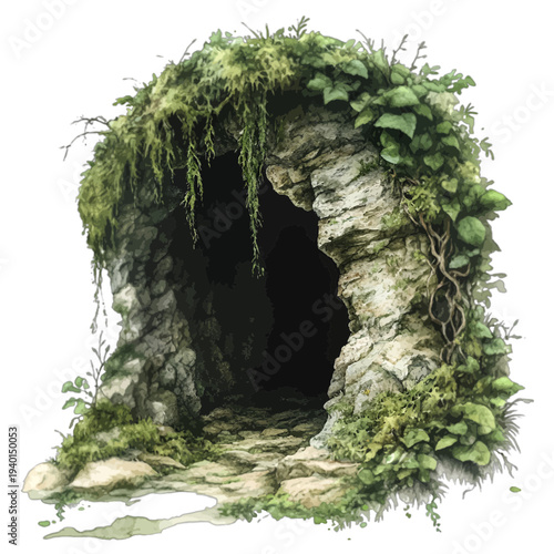 Watercolor illustration of a mystical stone cave entrance overgrown with green moss and ivy isolated on white
