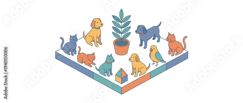 Paper cut layer vector of cat and pets illustration based on provided image reference with various animals and plants