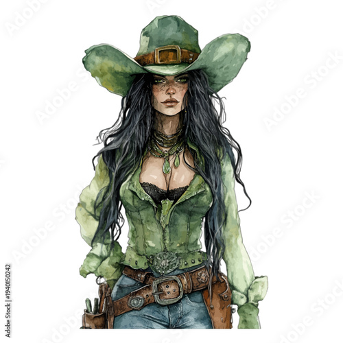 Watercolor cowgirl with green hat and long dark hair isolated