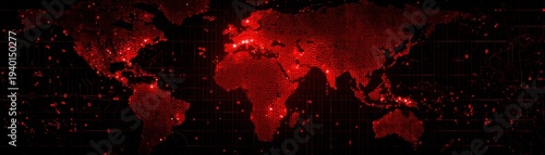 World war map, a digital red world map with glowing dots and grid lines, symbolizing connectivity and data flow across continents, the US - Iran War Effects