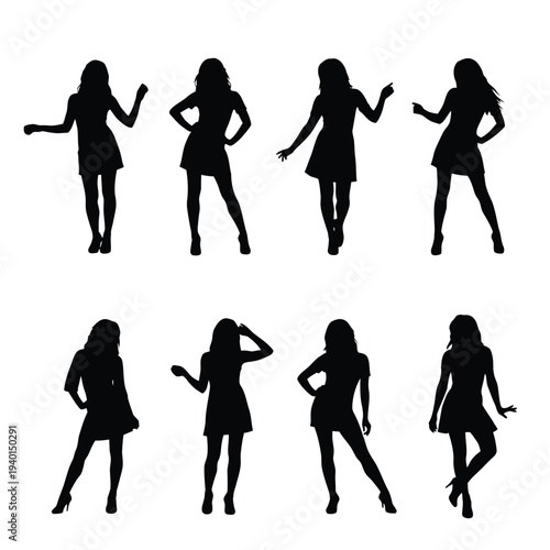 Eight silhouette poses of women in various dance stances