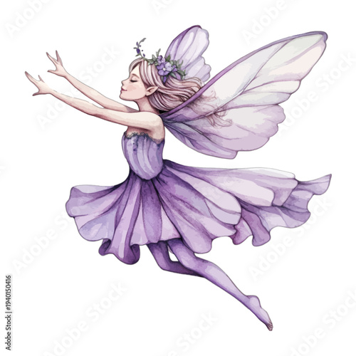 Watercolor illustration of a flying purple fairy with butterfly wings isolated on white