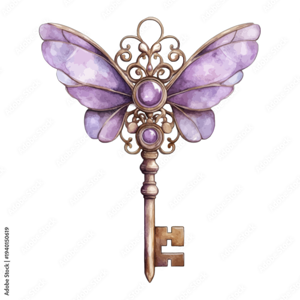 Fototapeta premium Watercolor purple butterfly magic key with antique gold details