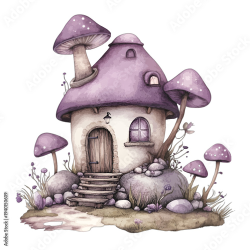 Watercolor illustration of a purple mushroom fairy house isolated on white
