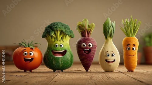 A collection of five cheerful animated vegetables smiling brightly on a wooden surface