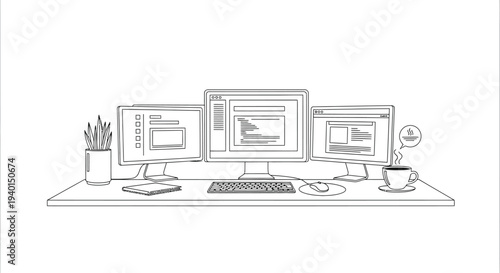 Line art illustration of a multi-monitor workstation setup, featuring three screens, a keyboard, mouse, potted plant, and a coffee cup for efficient digital productivity.