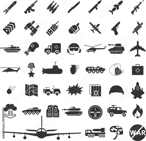 Detailed vector set of military and warfare icons including tanks, submarines, weapons, tactical gear, and a front-view commercial airliner silhouette.